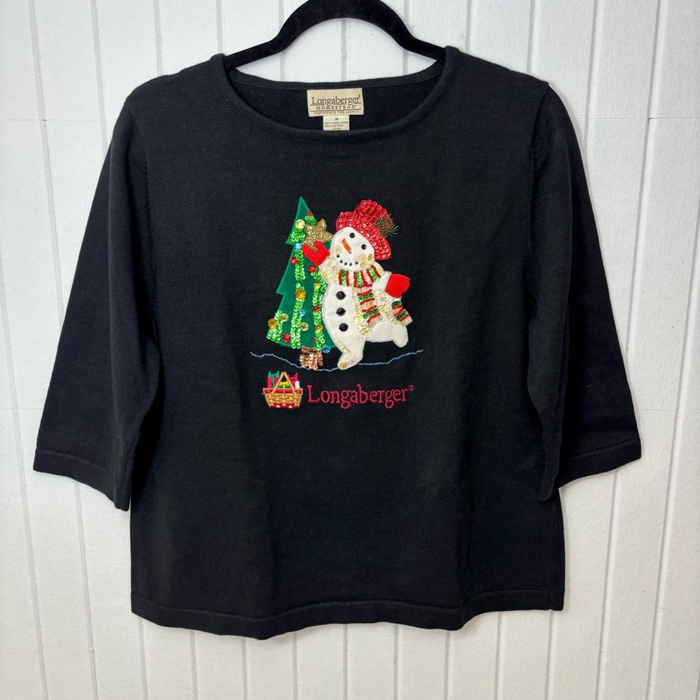 Longaberger Vintage Christmas Black Sweater Festive Snowman‎ and Tree Size M